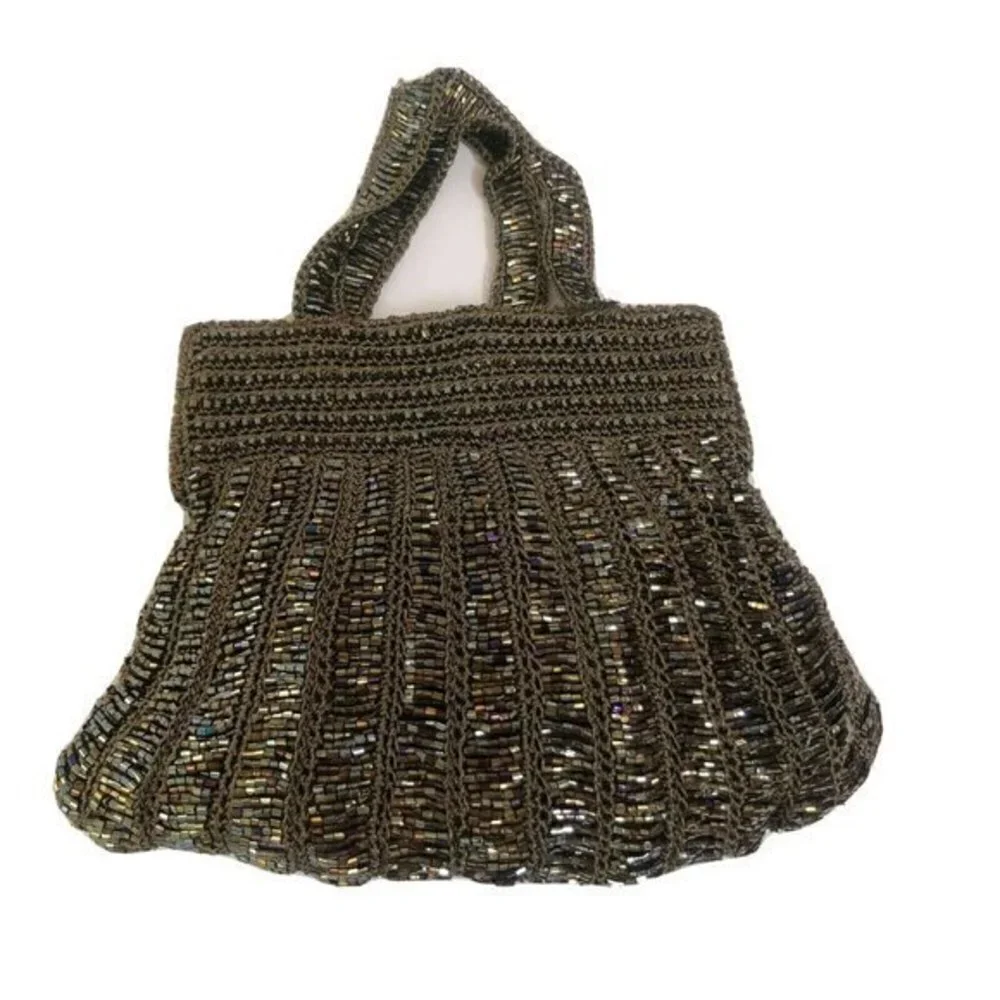 Designer Women prom formal party Purse pewter Beaded Crochet Clutch